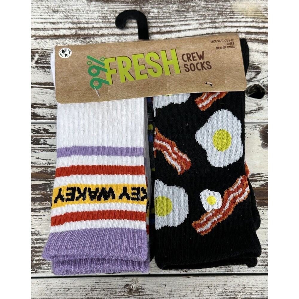 Mens Crew Socks 5 Pack Breakfast Theme Size 6 To 12 Novelty Gift Bacon Eggs